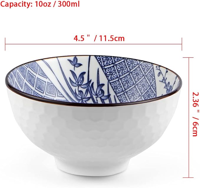 Ceramic Rice Bowls 10 oz  Japanese Style Bowl Gift Set Pack of 6 (Blue and White)