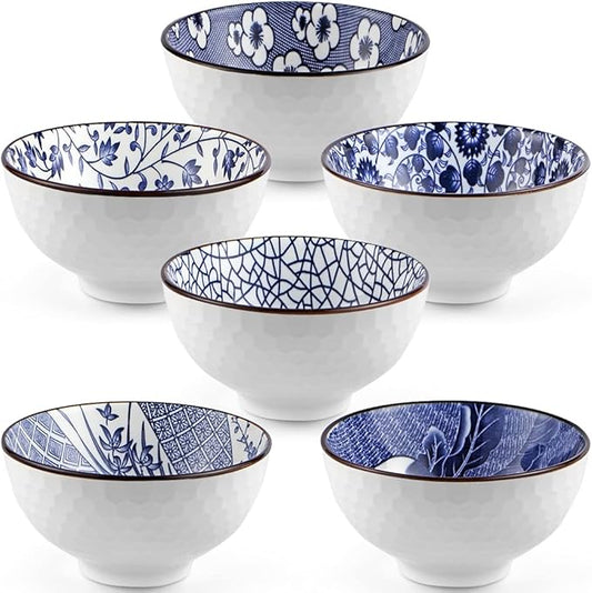 Ceramic Rice Bowls 10 oz  Japanese Style Bowl Gift Set Pack of 6 (Blue and White)