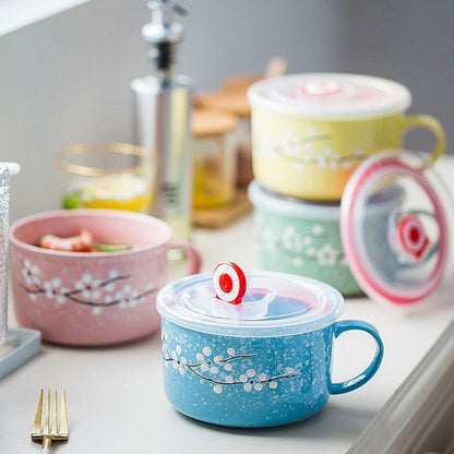 30oz Ceramic Bowl Set with Lid & Handle Cherry Blossoms Among Snow Flake Pattern