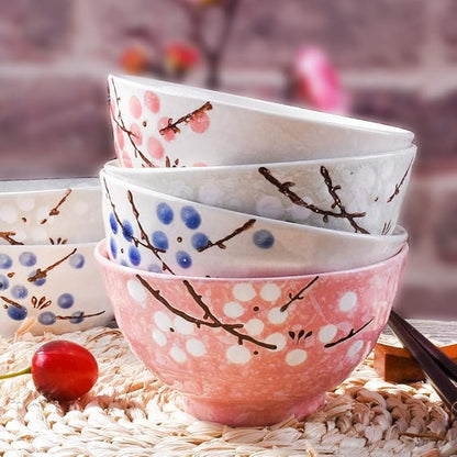 Japanese Rice Bowl Set of 4 Asian Style Hand-painted Floral Plum Ceramic Bowls For Dessert Snack Cereal Soup Sushi Sauce