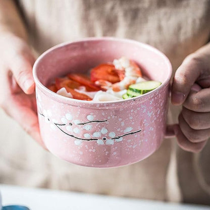 30oz Ceramic Bowl Set with Lid & Handle Cherry Blossoms Among Snow Flake Pattern