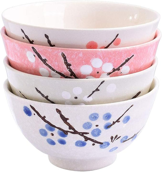 Japanese Rice Bowl Set of 4 Asian Style Hand-painted Floral Plum Ceramic Bowls For Dessert Snack Cereal Soup Sushi Sauce