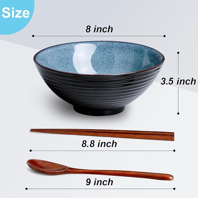 8 Inch Japanese Ceramic Ramen Bowl Set of 2 with Spoons and Chopsticks for Pho Udon Asian Soup Noodles  Blue