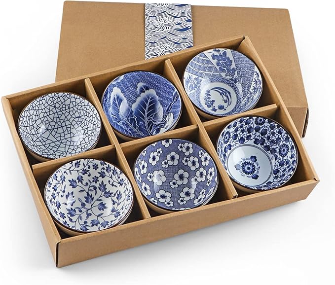 Ceramic Rice Bowls 10 oz  Japanese Style Bowl Gift Set Pack of 6 (Blue and White)