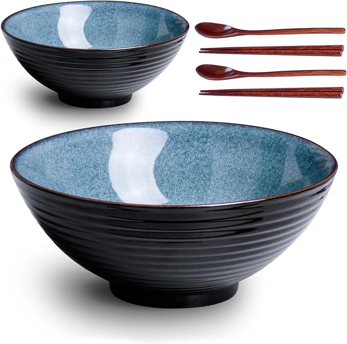 8 Inch Japanese Ceramic Ramen Bowl Set of 2 with Spoons and Chopsticks for Pho Udon Asian Soup Noodles  Blue