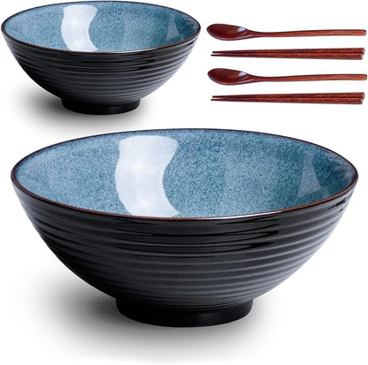 8 Inch Japanese Ceramic Ramen Bowl Set of 2 with Spoons and Chopsticks for Pho Udon Asian Soup Noodles  Blue