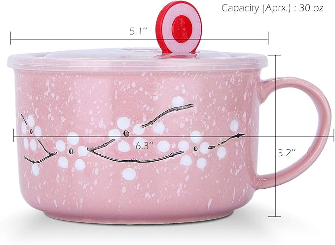 30oz Ceramic Bowl Set with Lid & Handle Cherry Blossoms Among Snow Flake Pattern