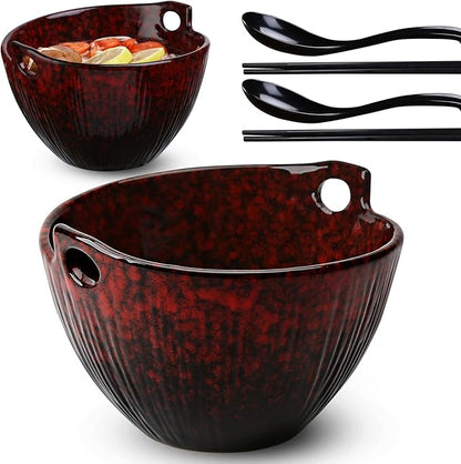 Ramen Bowl with Chopsticks and Spoons, Ceramic Set of 2 Dishwasher Safe for Pho Udon Soba Noodle Salad Pasta