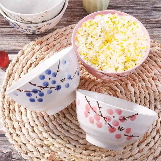 Japanese Rice Bowl Set of 4 Asian Style Hand-painted Floral Plum Ceramic Bowls For Dessert Snack Cereal Soup Sushi Sauce