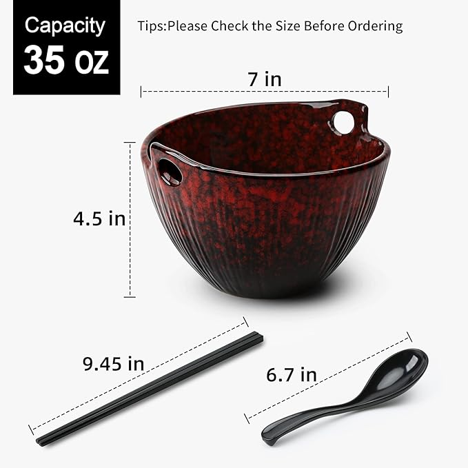 Ramen Bowl with Chopsticks and Spoons, Ceramic Set of 2 Dishwasher Safe for Pho Udon Soba Noodle Salad Pasta