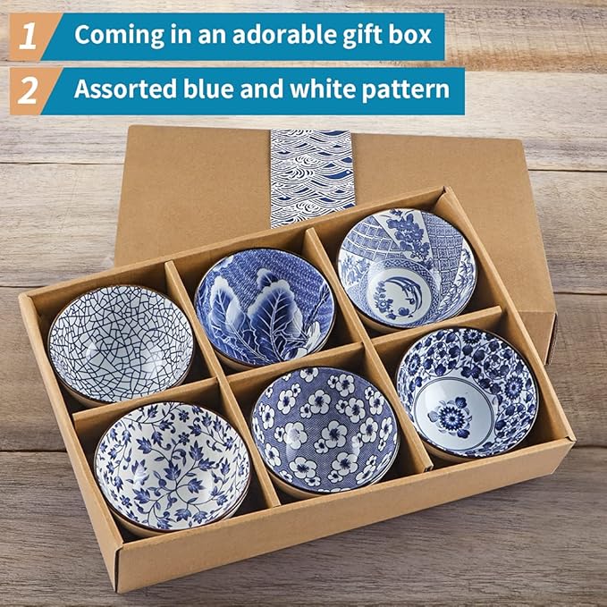 Ceramic Rice Bowls 10 oz  Japanese Style Bowl Gift Set Pack of 6 (Blue and White)