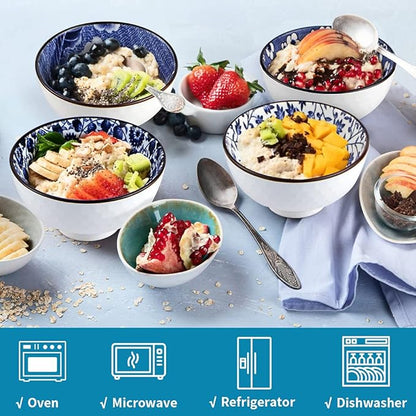 Ceramic Rice Bowls 10 oz  Japanese Style Bowl Gift Set Pack of 6 (Blue and White)