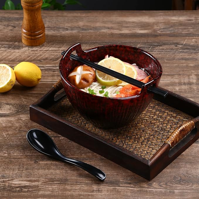 Ramen Bowl with Chopsticks and Spoons, Ceramic Set of 2 Dishwasher Safe for Pho Udon Soba Noodle Salad Pasta